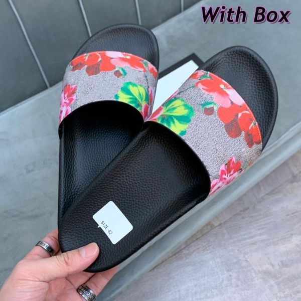 

with box double letter designer slides mens women slippers summer sandals beach slide flat platform ladies sandali bathroom home shoes fl pc, Black