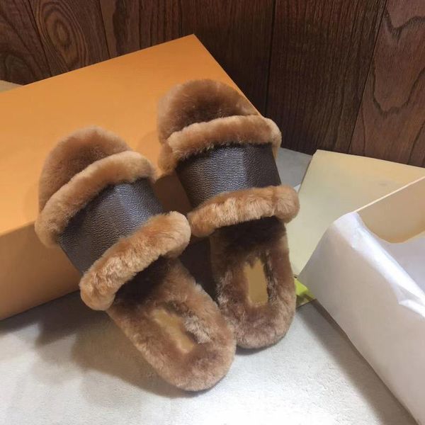 

with box 2020 women lock it flat mule mink fur slipper cognac brown patent canvas slides sandals winter booties men shoes with box eu42 n la, Black