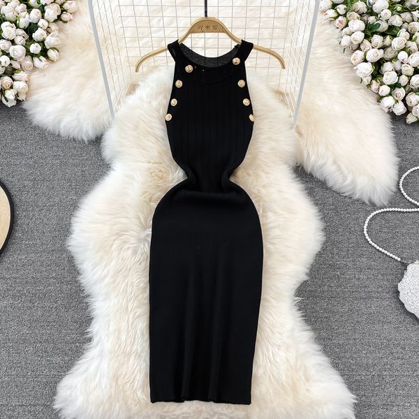 

new design women's halter neck sleeveless knitted buttons patchwork bodycon tunic short pencil dress solid color, Black;gray