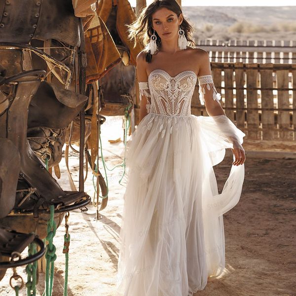 

party dresses charming boho wedding dress sweetheart lace a line appliques bohemian off the shoulder custom made bridal gown robe de mariage, White;black