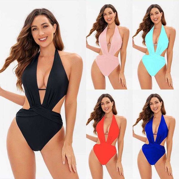 

v neck hollow one piece swimsuit solid color backless halter bikini, White;black