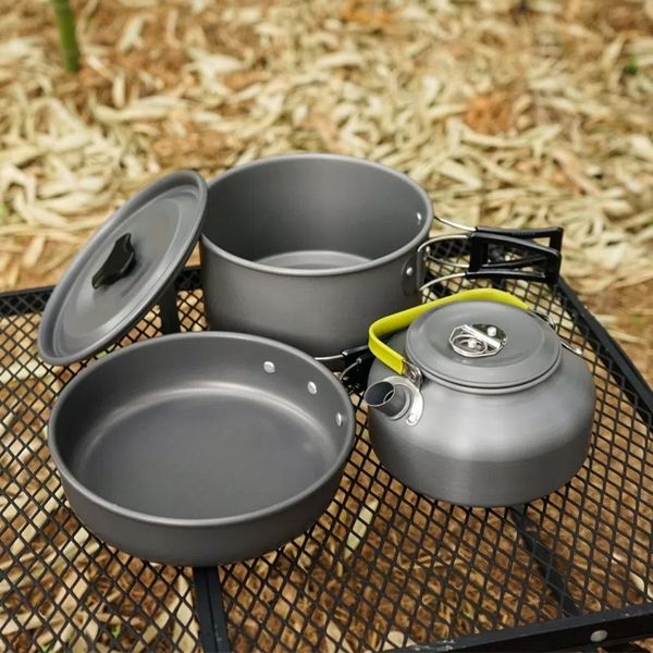 

9 pcs camping cookware mess kit lightweight backpacking cooking set outdoor cook gear for family hiking, picnic kettle, pot, frying pan, bow