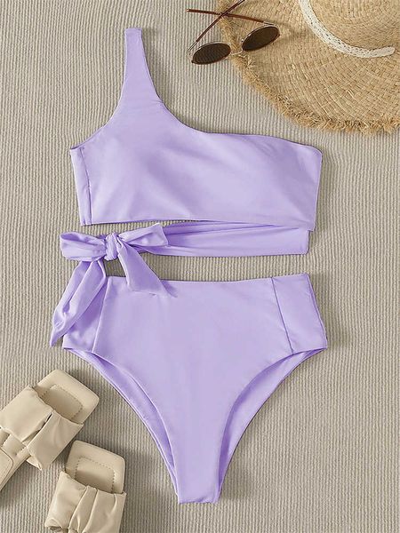 

women's swimwear bikinis set swimwear women bikini swimsuit 2023 new solid lace up one shoulder high waist summer beach bathing suit fe, White;black
