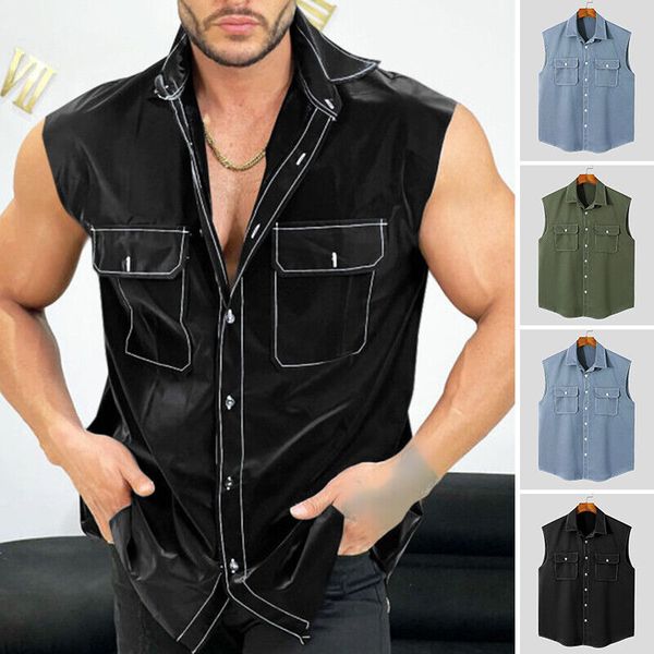

men sleeveless muscle gym cargo vest blouse hippy punk pocket tank t shirts, White;black