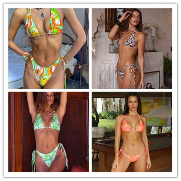 

swimsuit womens split multi color printed lace up bikini halter backless, White;black