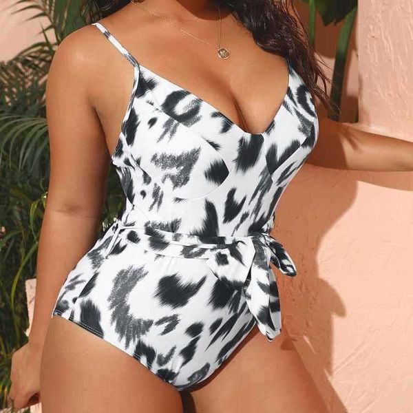 

large size one piece bikini tight push up sling cow print swimsuit for women, White;black