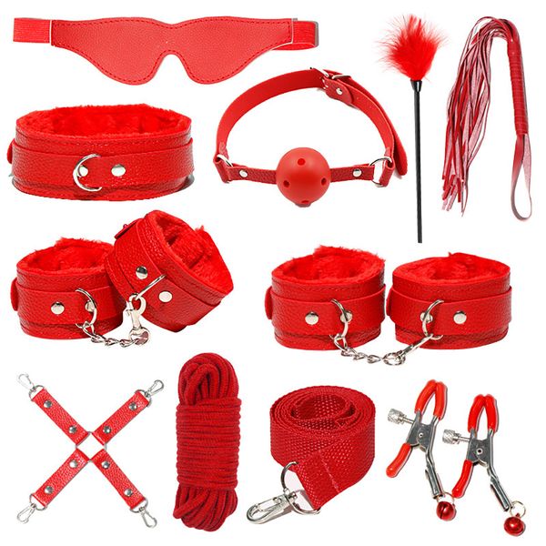 

set toys for couples exotic accessories leather bondage gear sets lingerie handcuffs whip rope nipple clip for sm a, Black;white