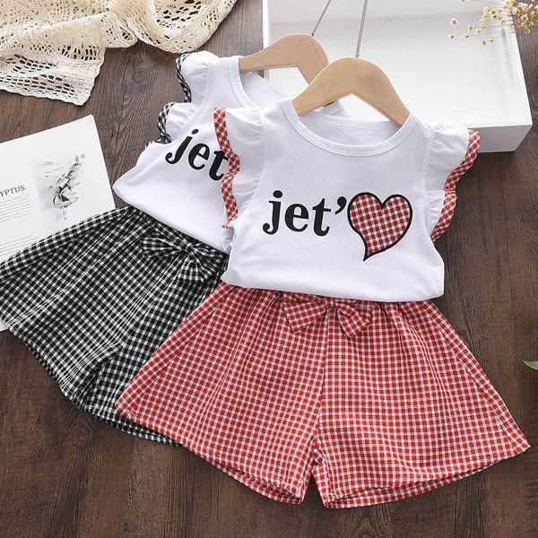 

lzh summer pcs outfit kids clothes girls suit cute plaid tshirtshort sets for years child clothing, White