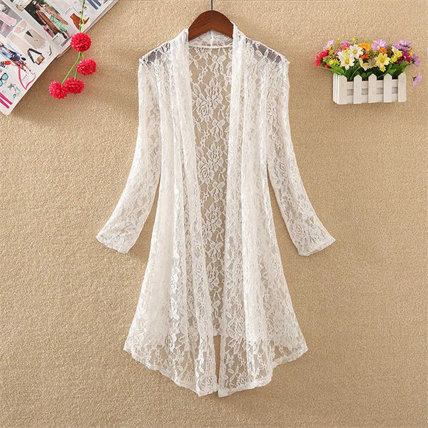 

outdoor t-shirts gowyimmes summer women thin hollow out blouse allmatch girl midi long lace shirt sun protection clothings beach coat capes, Gray;blue