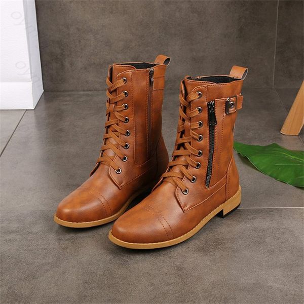 

boots plus size retro women western boots punk lace up buckle motorcycle boots zipper mid calf boots ladies short botas 230214, Black