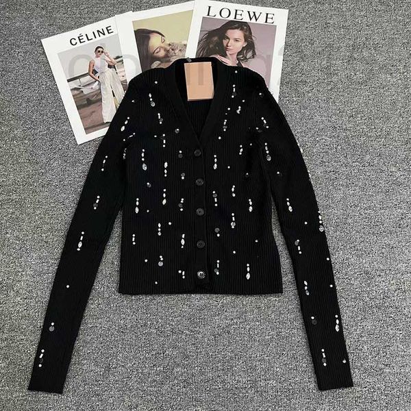 

tees designer black knitwear handmade crystal sewing diamond v-neck cardigan coat high-grade feeling temperament sweater autumn and winter n, White