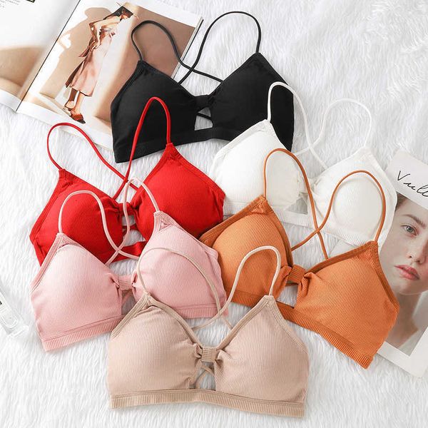 

bra set lingerie beautiful back breast wrapped girl thread cotton hollow out gathering sling with pad anti light backing underwear women, Red;black