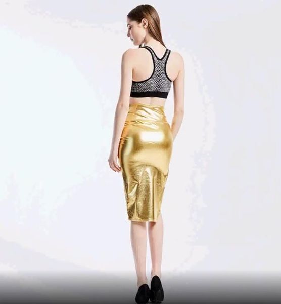 

wholesale-ocstrade new fashion for womens aoutum side pockets textured gold vegan leather pencil skirt, Black