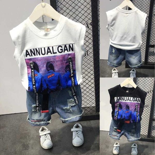 

sets children's clothing summer new boy suit trendy fashion sleeveless tshirtshorts pcs set kids boy hole denim shorts y, White