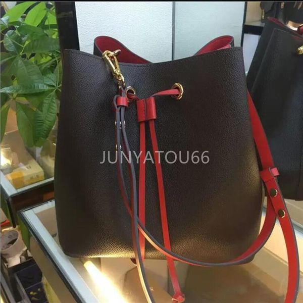 

sturdy stylish bucket bag coated iconic shape drawstring closure women leather crossbody shoulder bags271b, Red;black