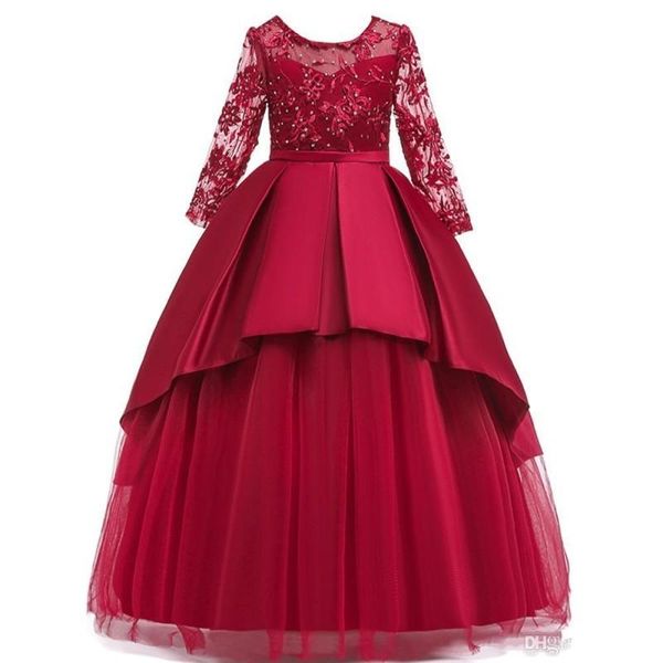 

princess ball gown girls pageant dresses beaded little girls evening party birthday dress long sleeve lace flower girl dress toddler pageant, White;red