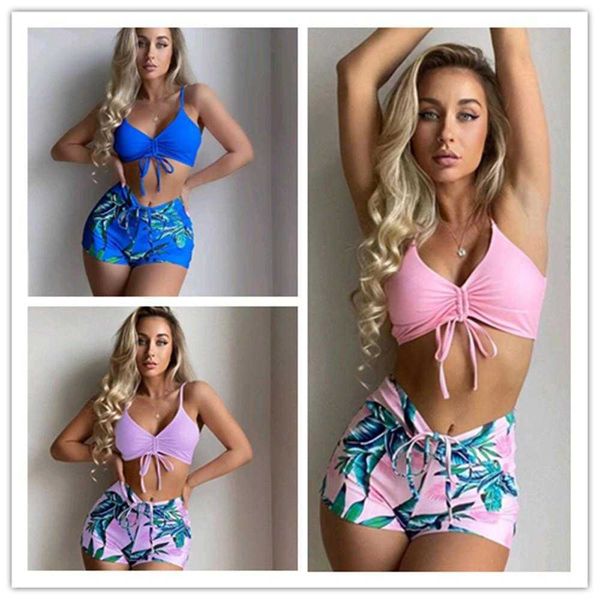 

swimsuit womens high waist split boxer digital printing multicolor drawstring, White;black