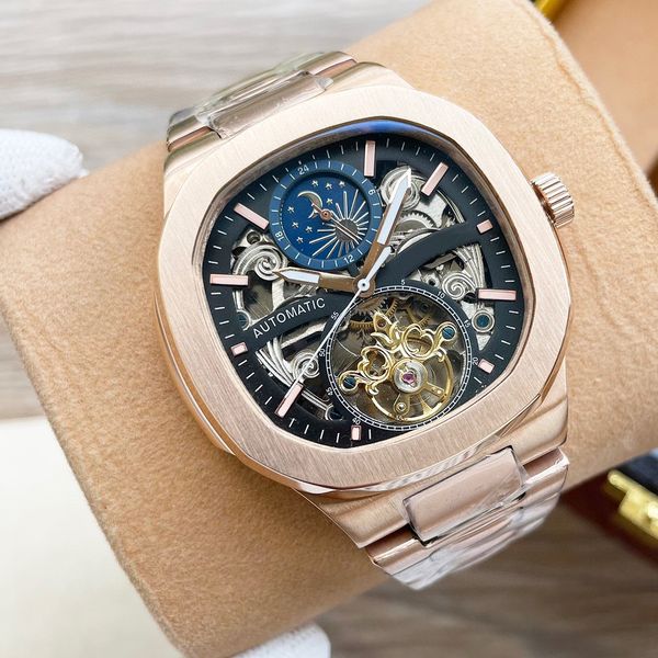 

watches men's automatic mechanical diamond watch size 43mm luxury watch hollowed out dial sapphire crystal glass stainless steel lumino, Slivery;brown