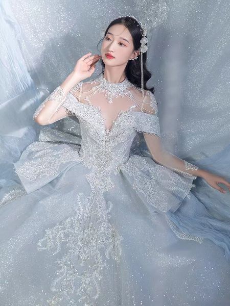 

2023 luxury crystal beading wedding dress with detachable train scoop neck a line crystal beaded bridal gowns sweep train custom made dresse, White