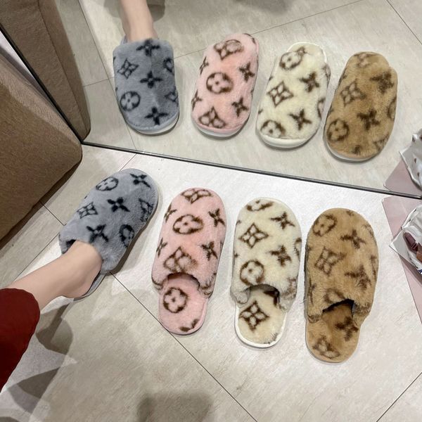 

Classic Printing Woolen Slipper Female Winter Home Fashionable Warm Imitation Fur Cotton Slippers, Split