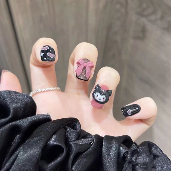 

false nails 24pcs short press on black pink love fake with glue set full cover kawaii designs 230214, Red;gold