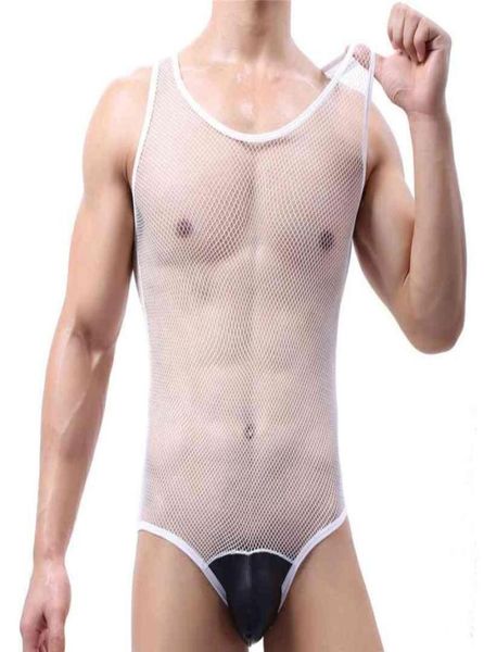

men undershirts lingerie mesh transparent patchwork bodysuit faux leather bugle pouch gay sissy onepiece singlet jumpsuit37461645623, Black;brown