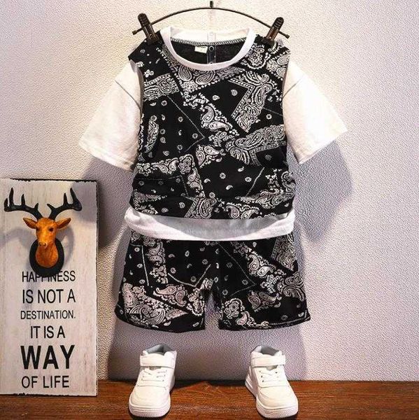

s toddler y summer children's pure cotton baby false two pieces tshirt shorts piece boy's clothing set, White