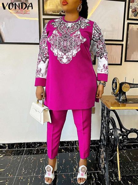 

women's two piece pants vonda bohemian printed pants set autumn women long sleeve oneck casual long suit vintage satin wide leg trouser, White