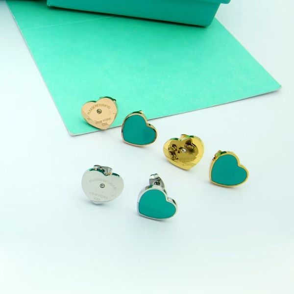 

luxury latest designer branded tf green heart stud 316l stainless steel 18k gold women letter logo engrave love diamond earrings girls weddi, Golden;silver