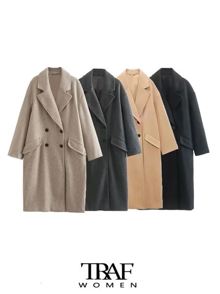 

womens jackets traf women fashion oversized double breasted woolen coat vintage long sleeve flap pockets female outerwear chic overcoat 2302, Black;brown