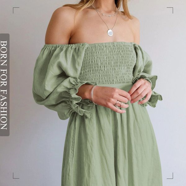 

casual dresses spring summer wear both front and back elegant oneline neck highwaist lantern sleeve mini for women 230214, Black;gray