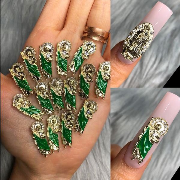 

nail art decorations 10pcs san judas 3d nail charms 3colorsgreensilvergold virgin mary with bling diamond metal manicure jewelry jeeh1#2 230, Silver;gold