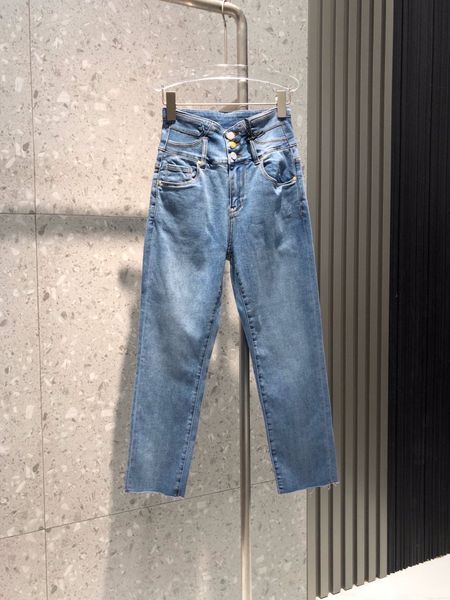 

2023 designer jeans women's new mid-high-waist straight joker jeans lotus leaf trouser leg fashion letter decoration leisure. c7, Blue