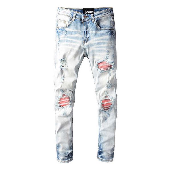 

men's jeans amirs designer fashion pants cool stylish leisure ripped brand light blue embroidery patch elastic slim fit hole high stree