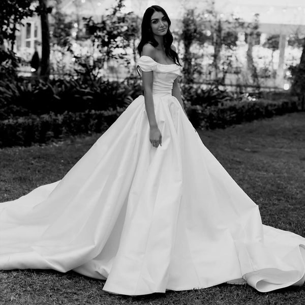 

stunning wedding dresses a line princess bridal gowns pleated off the shoulder neckline a line chapel train satin vestido de novia, White