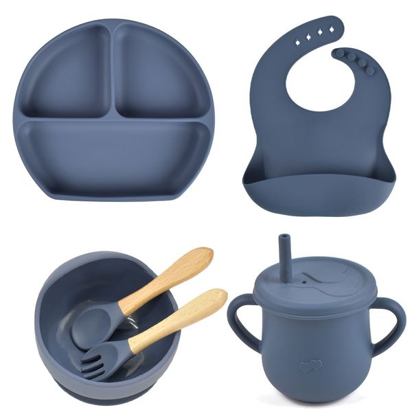 

cups dishes utensils 6pcsset baby silicone dining plate with sucker bowl sippy cup bibs spoon fork bpa children feeding tableware baby dishe