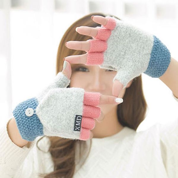 

set fashion clamshell acrylic winter gloves women warm fingerless gloves female cute patchwork mittens for students guante, Black;white