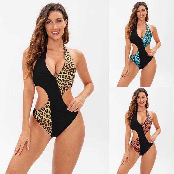 

leopard print contrast color one piece swimsuit womens sling backless, White;black