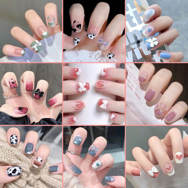 

false nails 24pcs french with drill short fake press on nail tips artificial full cover cute bow wearing art 230214, Red;gold
