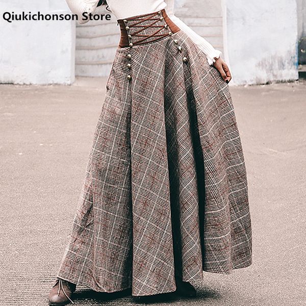 

skirts french chic vintage high waisted button design back laceup corset skirt women autumn winter thick aline long maxi wool skirts 230214, Black