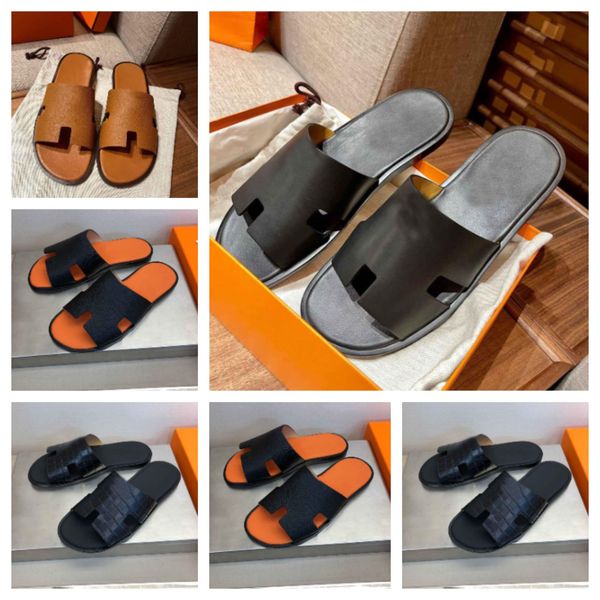 

2023 summer luxury slippers izmir sandals shoes calfskin leather men's slippers slip on beach slide flats boy's flip flops sandali, Black
