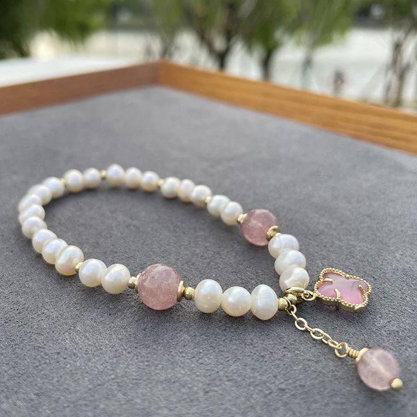 

handmade freshwater pearl clover charm bracelet for women gift, Golden;silver