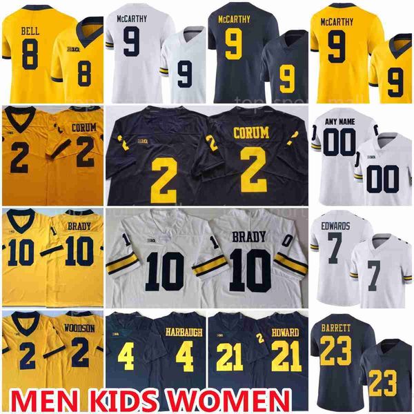 

ncaa college michigan wolverines 9 jj mccarthy jerseys 2 blake corum 10 tom brady donovan edwards ronnie bell howard charles woodson michael, Black
