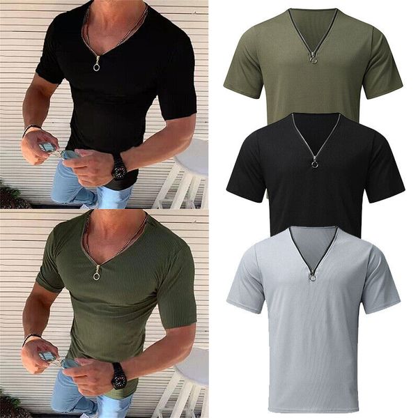 

us mens zipper v neck t shirt streetwear casual solid slim fit short sleeve, White;black