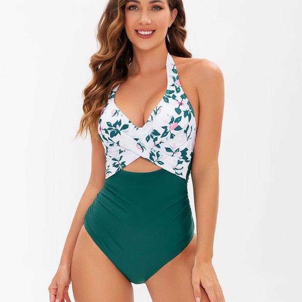 

printed halter tight one piece swimsuit womens waist slimming hollow bikini, White;black