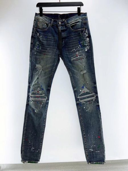 

men's distressed ripped skinny jeans mens jeans slim splash-ink jean causal mens denim pants hip hop men jeans, Blue