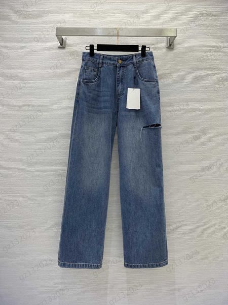 

brand jeans women hole cutting design loose slimming denim trousers love embroidery high-waisted straight pants classic joker jeans for wome, Blue