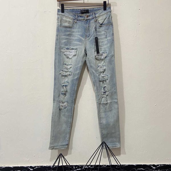

cool street jeans designer fashion pants 2023 stylish leisure ripped brand high amirs light color men's washed hole white diamond slim, Blue