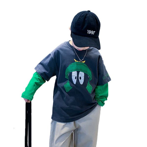 

clothing sets spring boys' long-sleeved t-shirt 2023 new chil1en's cartoon fake two-piece bottom shirt for boys in spring and autu, White