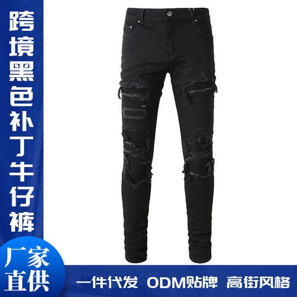 

men's jeans amirs designer fashion pants cool stylish leisure ripped brand black patch pleated splicing street slim leggings jxtr, Blue